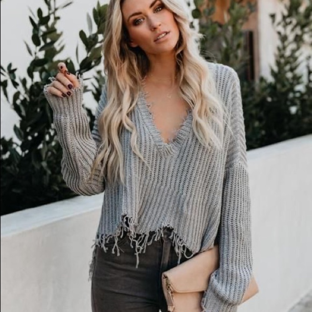 Boho Ripped frayed distressed v neck sweater TAN - Picture 7 of 10